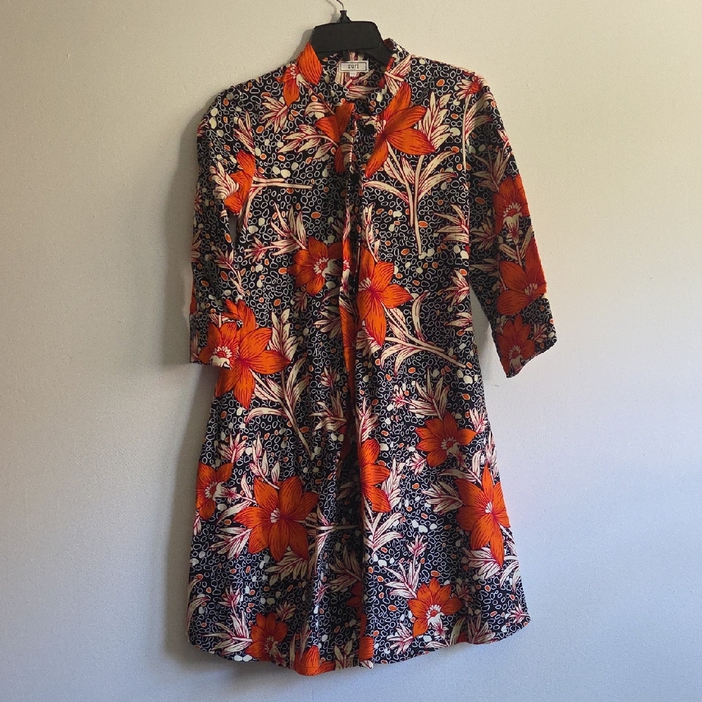 ZURI Orange, Black, and Cream Floral Standard Dress, with Pockets, XXS